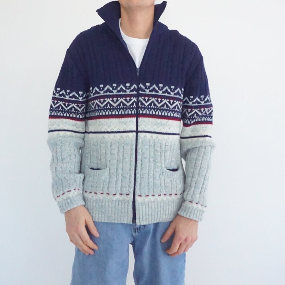 Vintage Flatiron Mills Zip Knit Navy Nordic Fair Isle Eclectic Grandpa Large